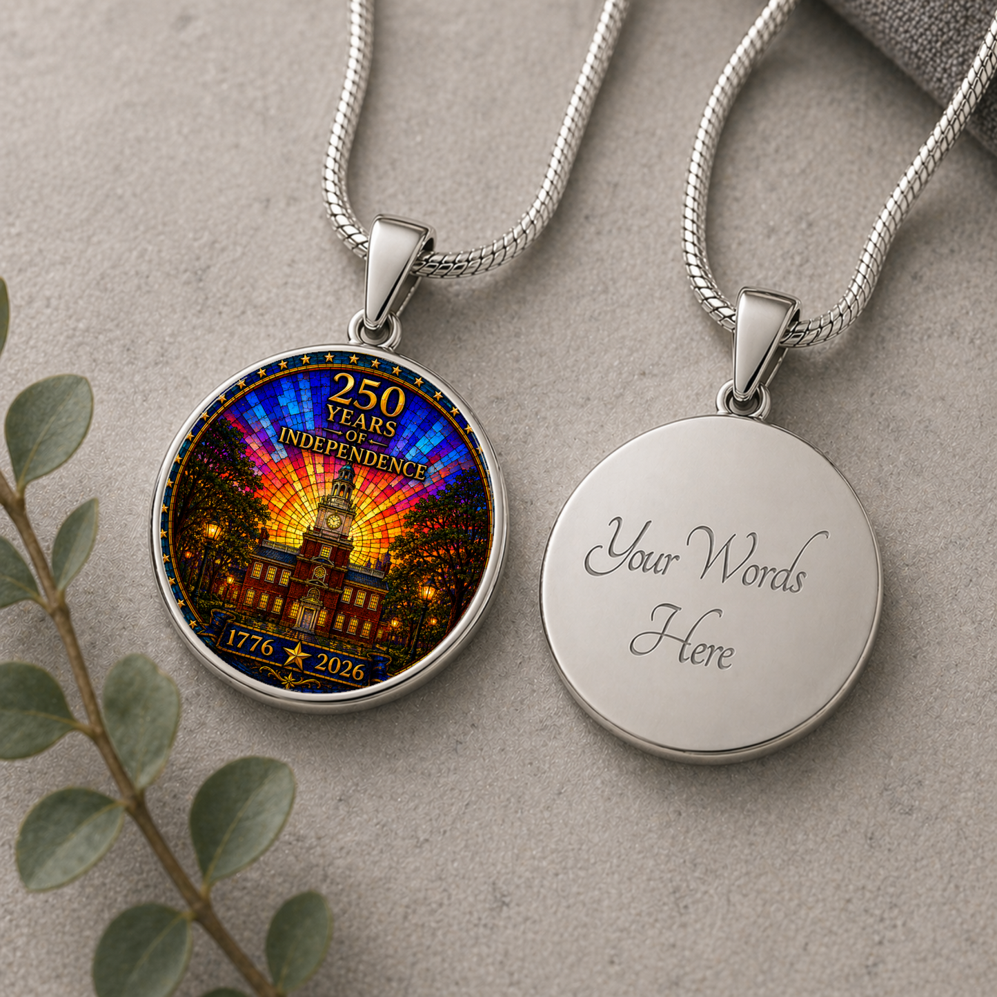 250 Years of Independence Necklace or Keychain Stained Glass Style Independence Hall USA Patriotic Commemorative Limited Edition