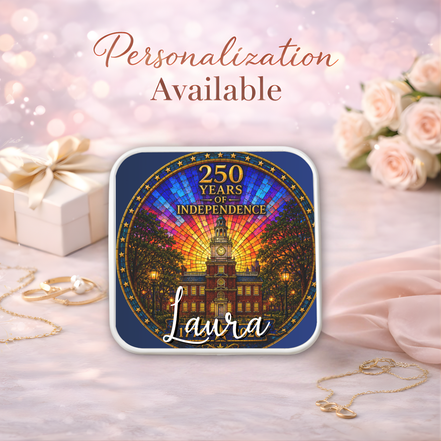 250 Years of Independence Necklace or Keychain Stained Glass Style Independence Hall USA Patriotic Commemorative Limited Edition