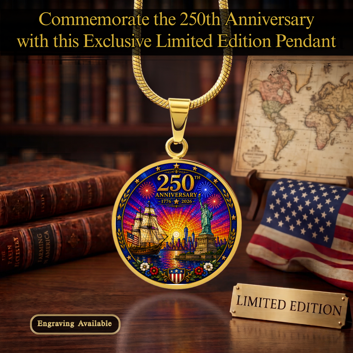 250th Anniversary Necklace or Keychain Stained Glass Style Statue of Liberty Ship NYC Commemorative Limited Edition