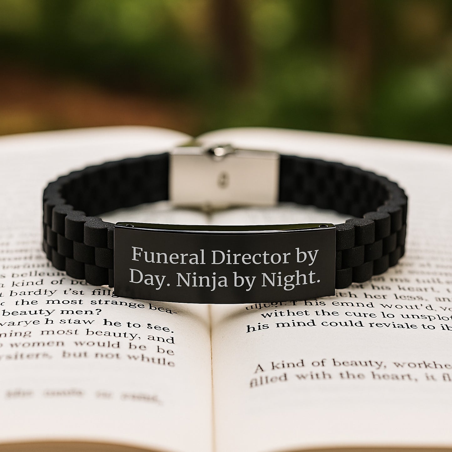 Funeral Director Gifts from Friends, Men or Women - Glide lock Clasp Birthday Unique Gifts, 'Funeral Director By Day. Ninja By Night.' Quote Black Stainless Steel Silicone Adjustable Clasp Bracelet - Image 2
