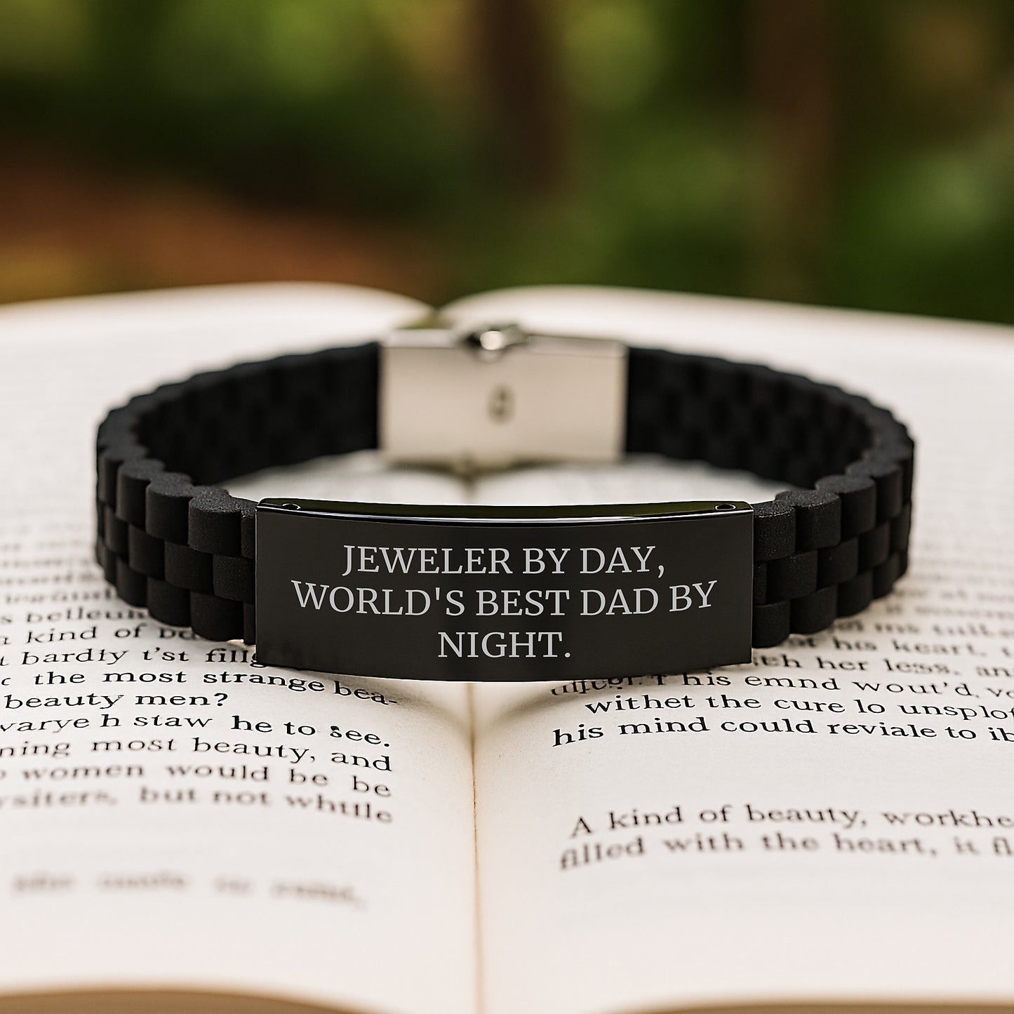 Funny Jeweler Gifts from Dad to Men - Glide lock Clasp Adjustable Black Silicone Strap, Graduation Unique Gifts for Him, 'Jeweler By Day, World's Best Dad By Night.' - Image 2
