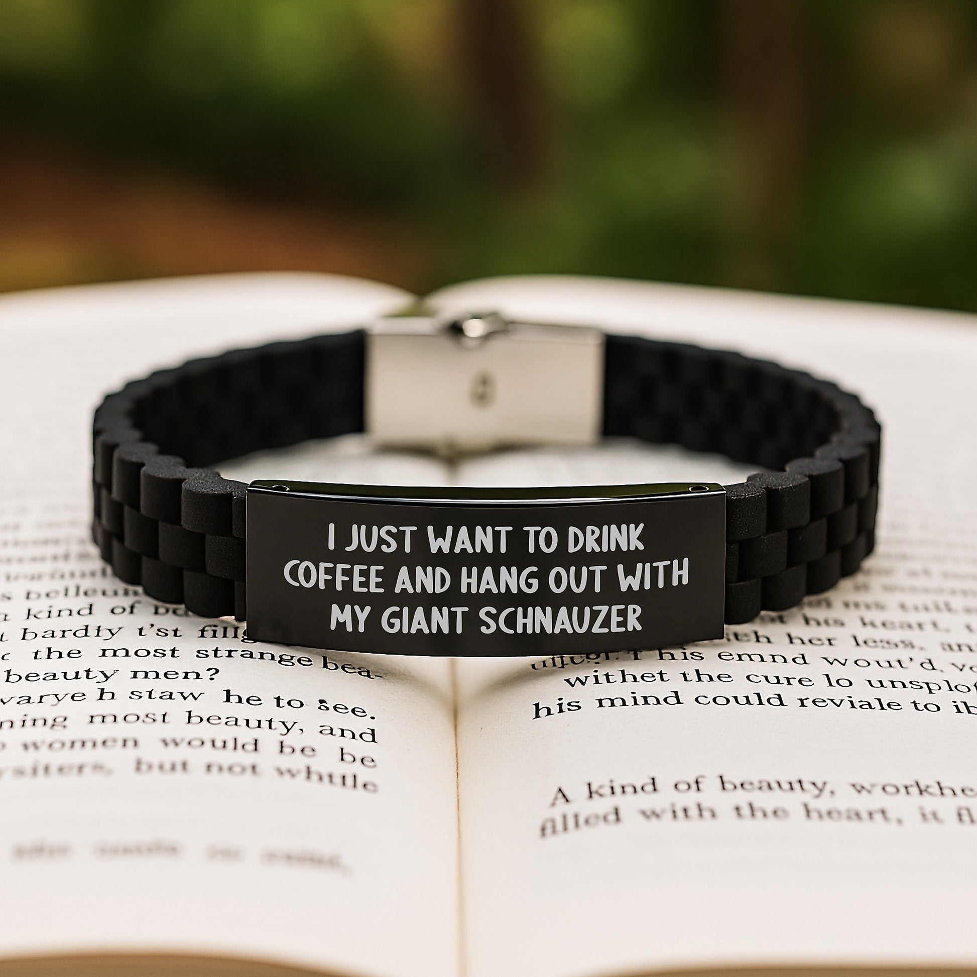 Funny Giant Schnauzer Dog Gifts for Birthday from Men to Women, 'I Just Want To Drink Coffee And Hang Out With My Giant Schnauzer', Glide lock Clasp Adjustable Silicone Stainless Steel Black - Image 2