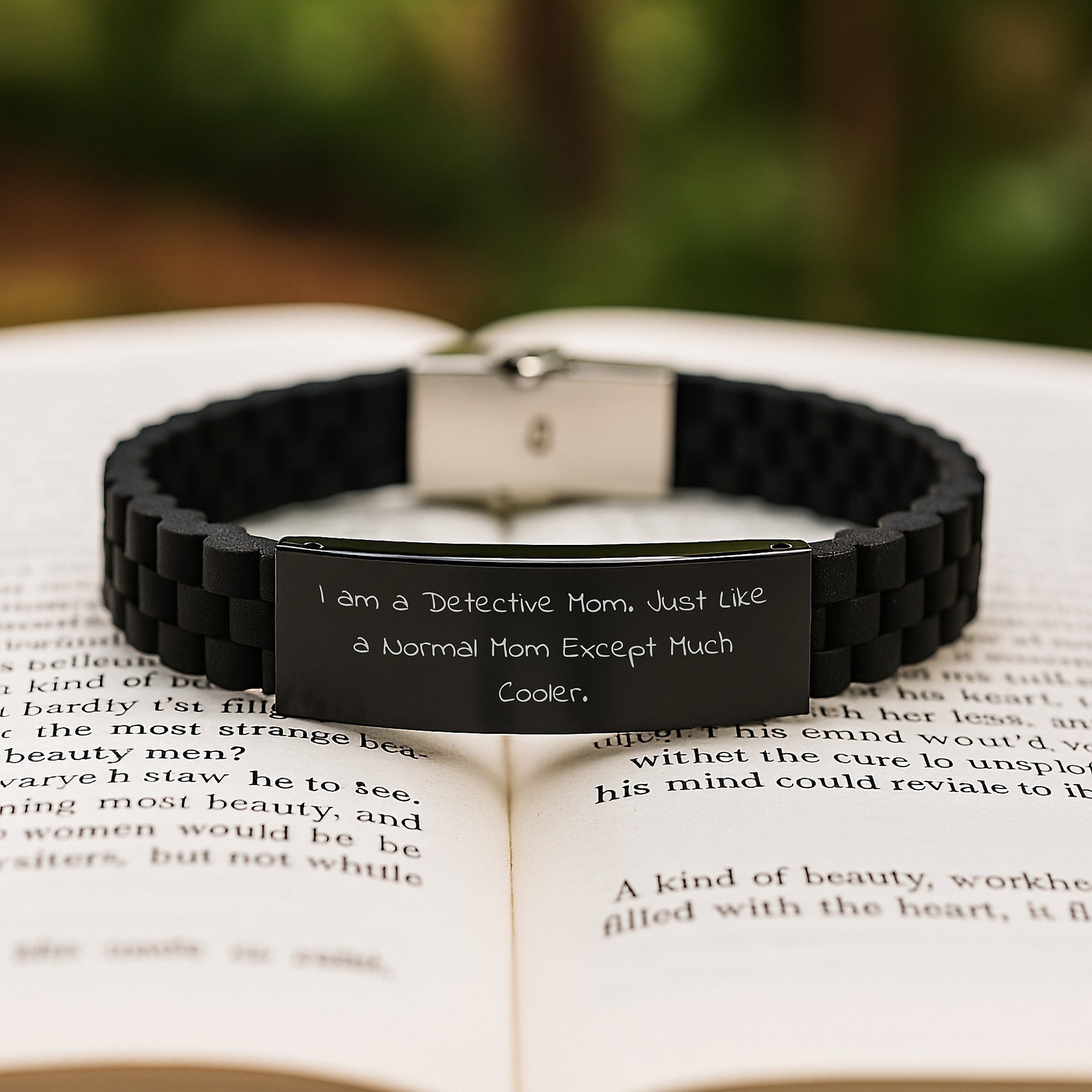 Funny Detective Mom Gift for Christmas, Glide lock Clasp Bracelet for Women, Silver Black Stainless Steel Silicone Clasp, Adjustable - Image 2