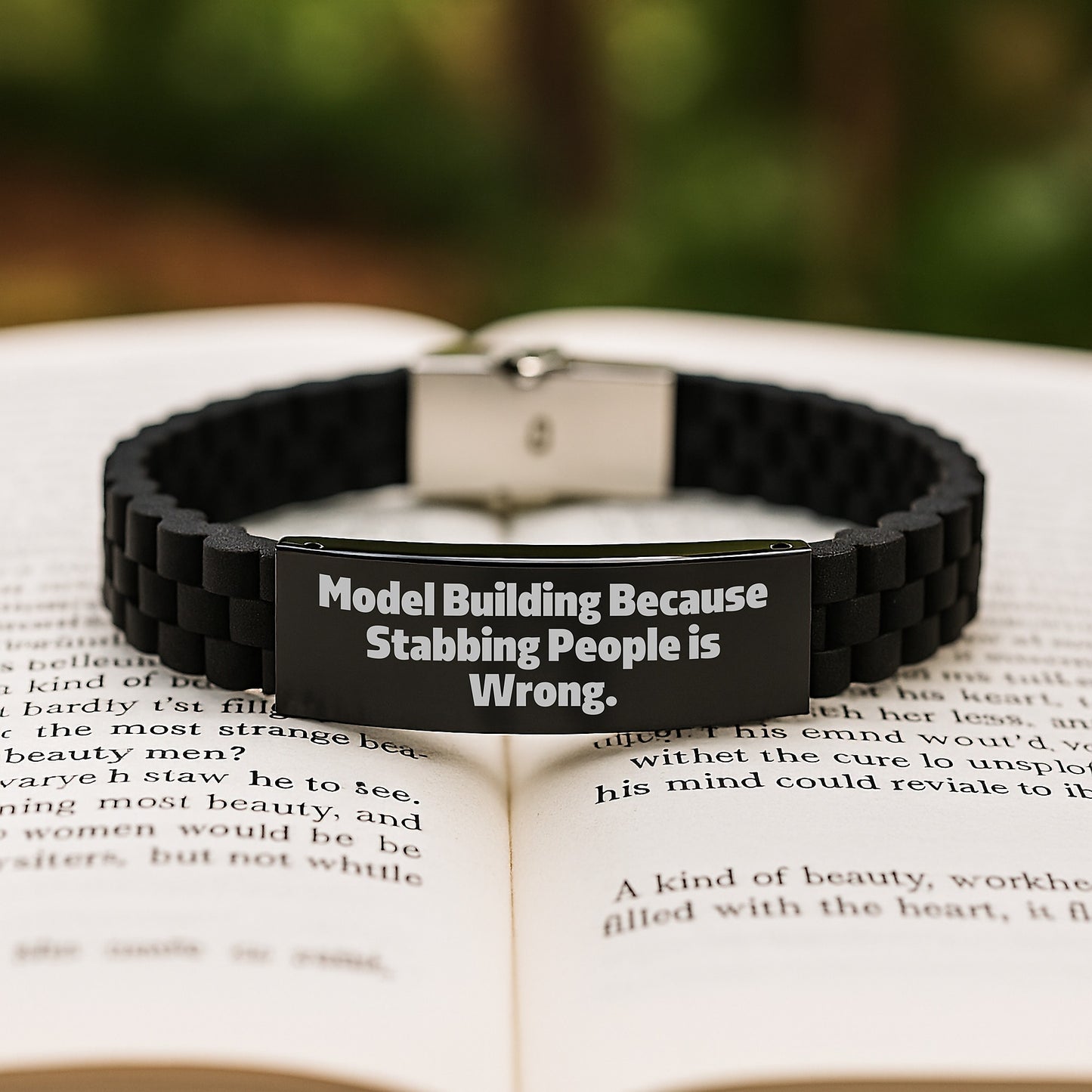 Funny Model Building Christmas Unique Gifts for Friends from 'Model Building Because Stabbing People Is Wrong.' Glide lock Clasp Bracelet, Adjustable Silver Black Stainless Steel Silicone - Image 2