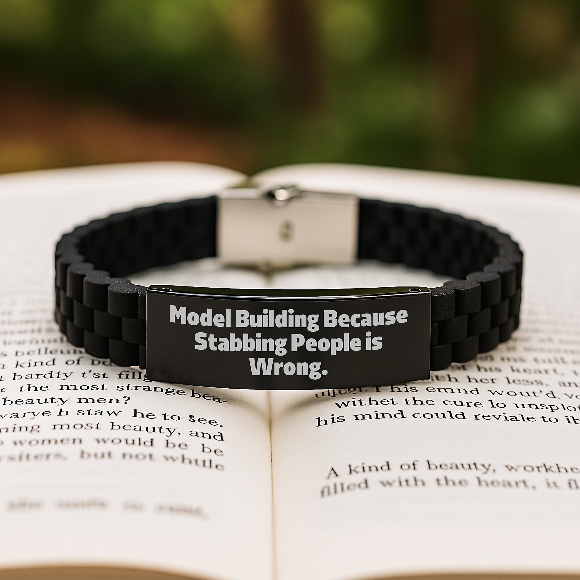 Funny Model Building Christmas Unique Gifts for Friends from 'Model Building Because Stabbing People Is Wrong.' Glide lock Clasp Bracelet, Adjustable Silver Black Stainless Steel Silicone - Image 2