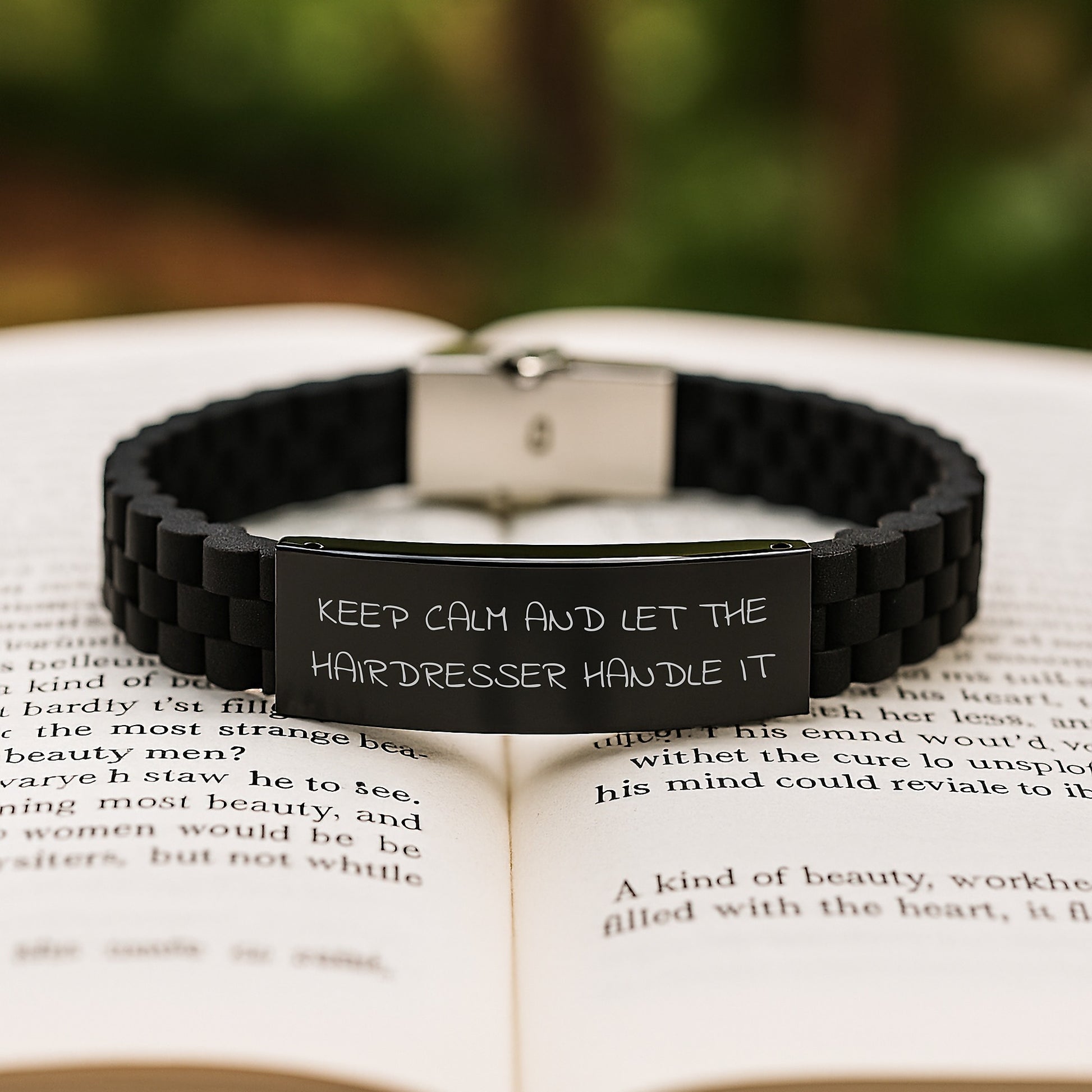 Gifts for Hairdresser Friends and Family - Funny Quote Glide lock Clasp Bracelet - Black Stainless Steel and Silicone - Keep Calm And Let The Hairdresser Handle It Christmas Unique Gifts - Image 2