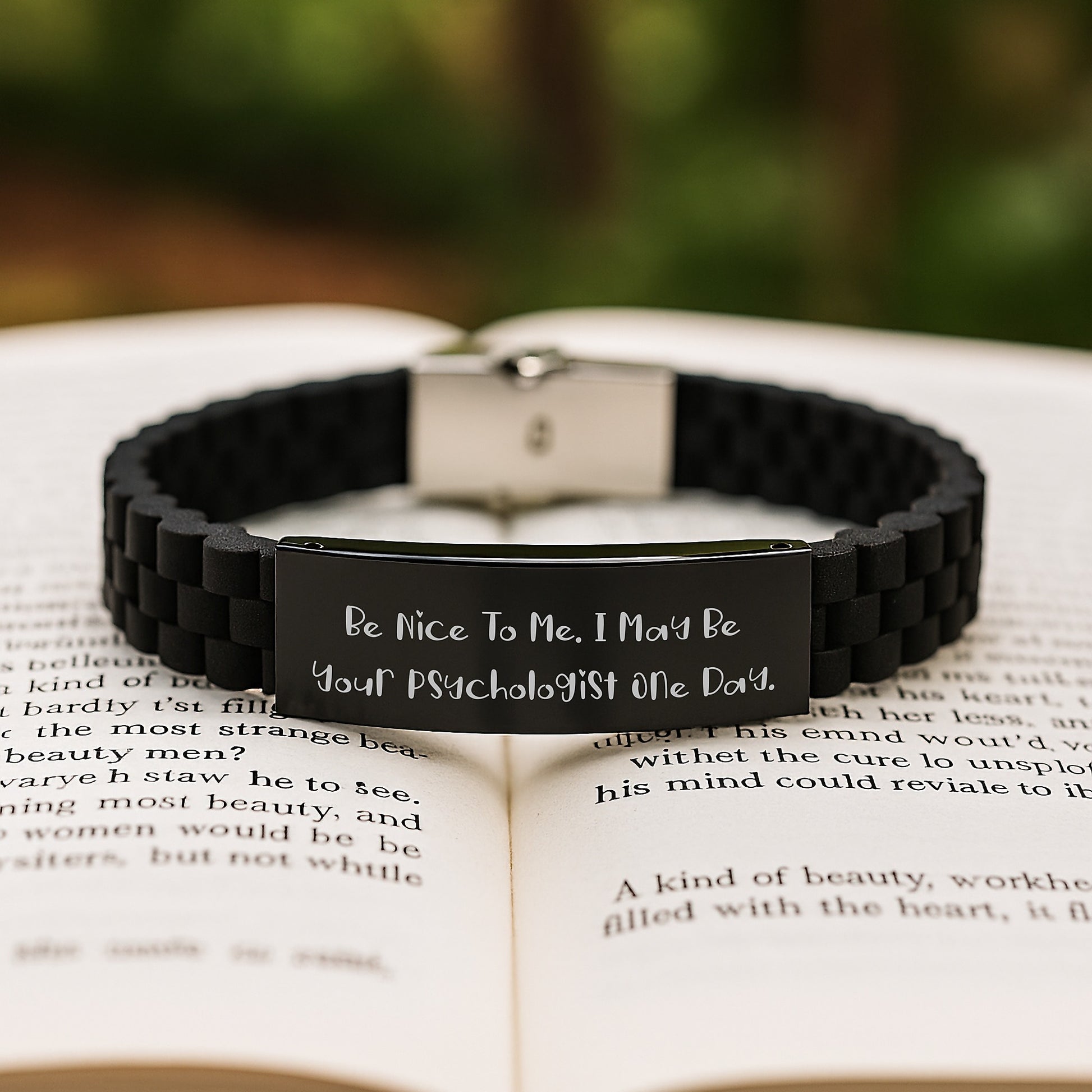 Psychologist Gifts, Funny Quote, Glide lock Clasp Black Stainless Steel Silicone Adjustable Bracelet, Graduation Unique Gifts from Friends, Gifts for Psychologist - Image 2