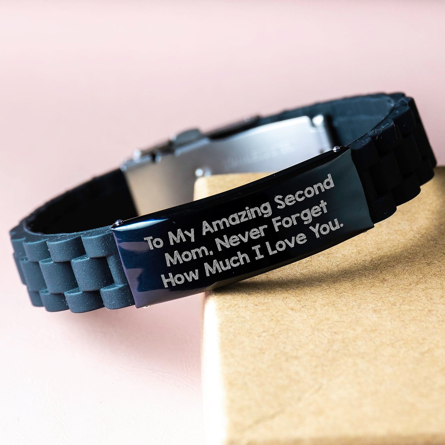 Funny Second Mom Gifts for Her, Glide lock Clasp Bracelet - 'To My Amazing Second Mom...' Black Stainless Steel Christmas Unique - Image 3