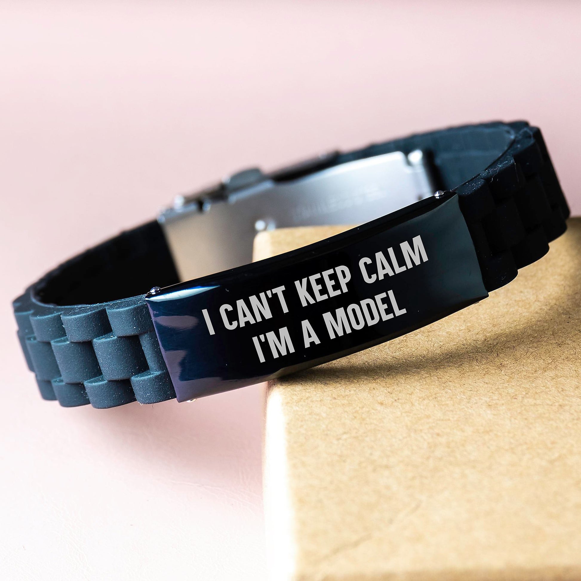 Funny Model Gifts for Him, Glide lock Clasp Bracelet with 'I Can't Keep Calm I'm A Model' - Black Stainless Steel and Silicone - Perfect for Christmas Unique Gifts from Friends to Family - Image 3