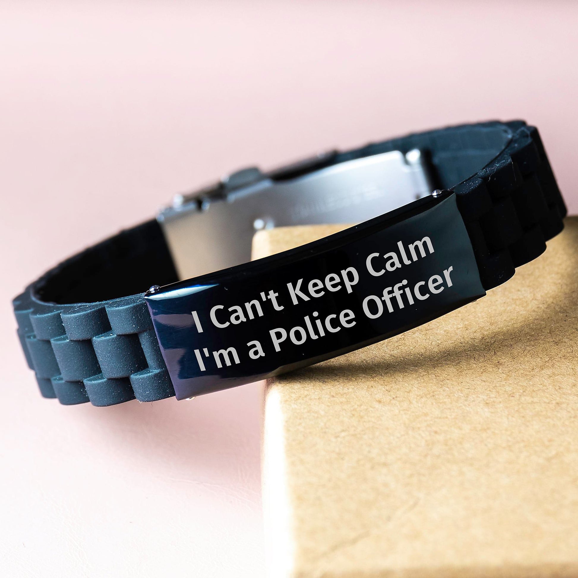 Gifts for Police Officers, I Can't Keep Calm I'm A Police Officer Funny Quotes Glide lock Clasp Bracelet for Men, Black Stainless Steel and Silicone, Christmas Unique Gifts from Friends and Family - Image 3