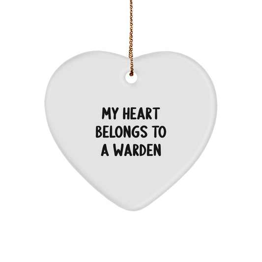 Funny Warden Gifts for Him - My Heart Belongs To A Warden Heart Ornament, Christmas Unique Gifts from Friends or Family - Image 1