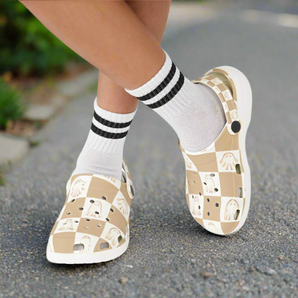 Checkerboard Ghost Garden Shoes for Adults & Kids – Lightweight EVA Slip-On Halloween Sandals Water-Resistant Nurse Comfort Walking Footwear