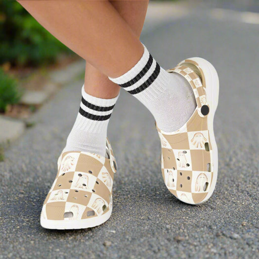 Checkerboard Ghost Garden Shoes for Adults & Kids – Lightweight EVA Slip-On Halloween Sandals Water-Resistant Nurse Comfort Walking Footwear