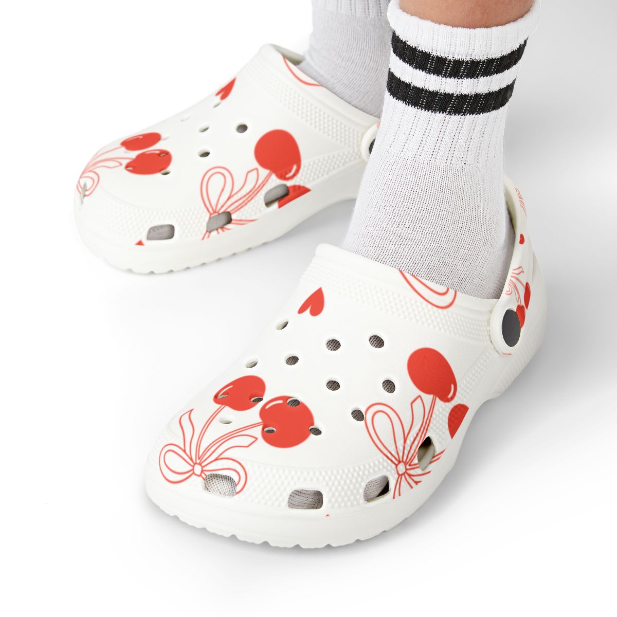 Cherry Bow Garden Shoes for Adults & Kids – Lightweight EVA Slip-On Summer Sandals with Hearts & Fruit Print, Water-Resistant Nurse Comfort