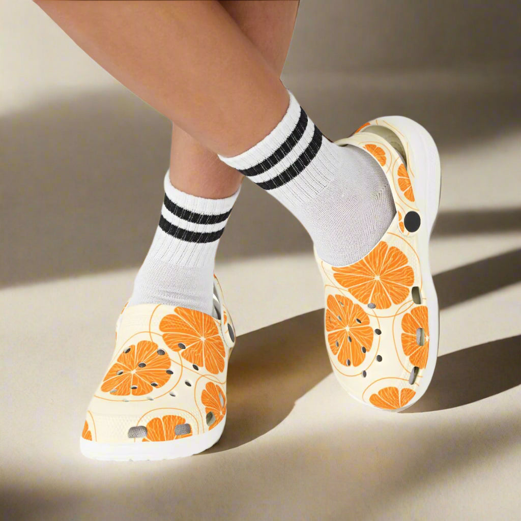 Orange Citrus Clogs – Lightweight EVA Garden Shoes – Fruit Print Slip-On Comfort Mules for Women, Nurses & Summer Style Lovers