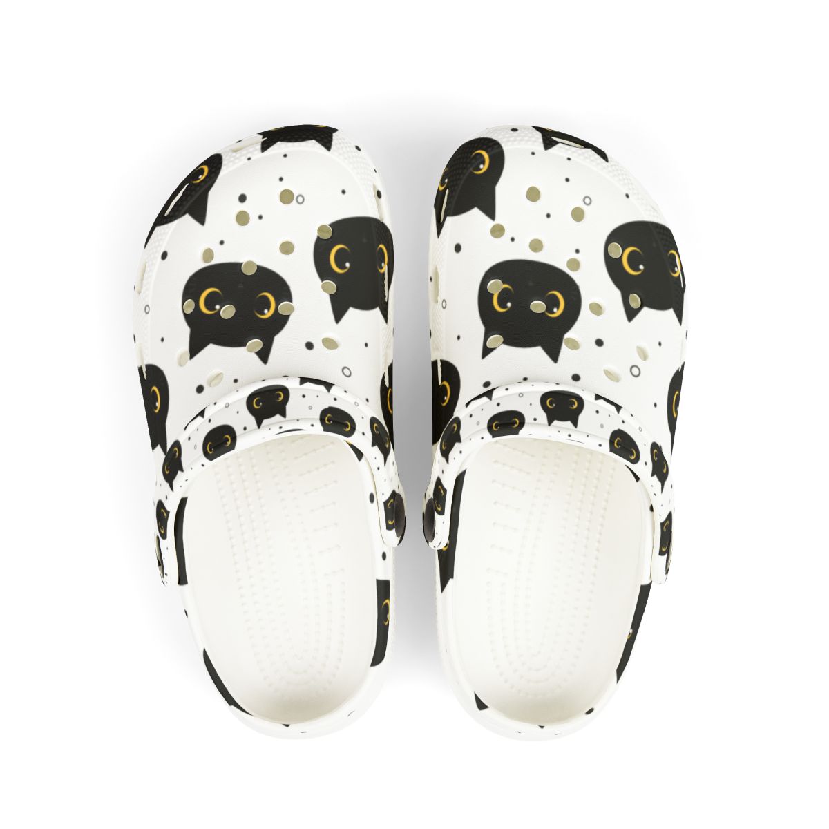 Pair of white slippers with black cat pattern on a white background