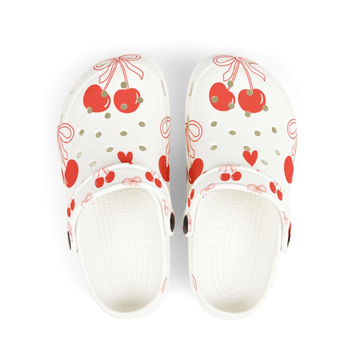 Cherry Bow Garden Shoes for Adults & Kids – Lightweight EVA Slip-On Summer Sandals with Hearts & Fruit Print, Water-Resistant Nurse Comfort