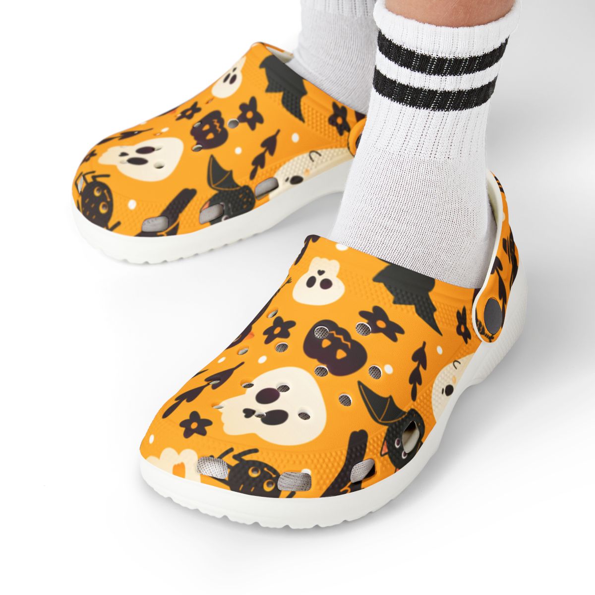 Orange Halloween Garden Shoes for Adults & Kids – Lightweight EVA Slip-On Ghost Bat Pumpkin Sandals Water-Resistant Nurse Comfort & Walking Footwear