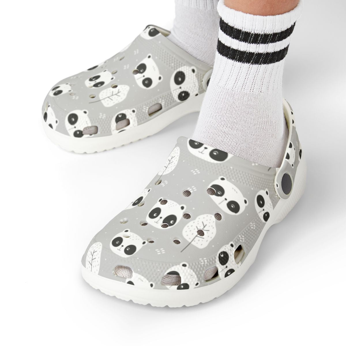 Gray Panda Garden Shoes for Adults & Kids – Lightweight EVA Slip-On Cute Animal Sandals Water-Resistant Nurse Comfort & Walking Footwear
