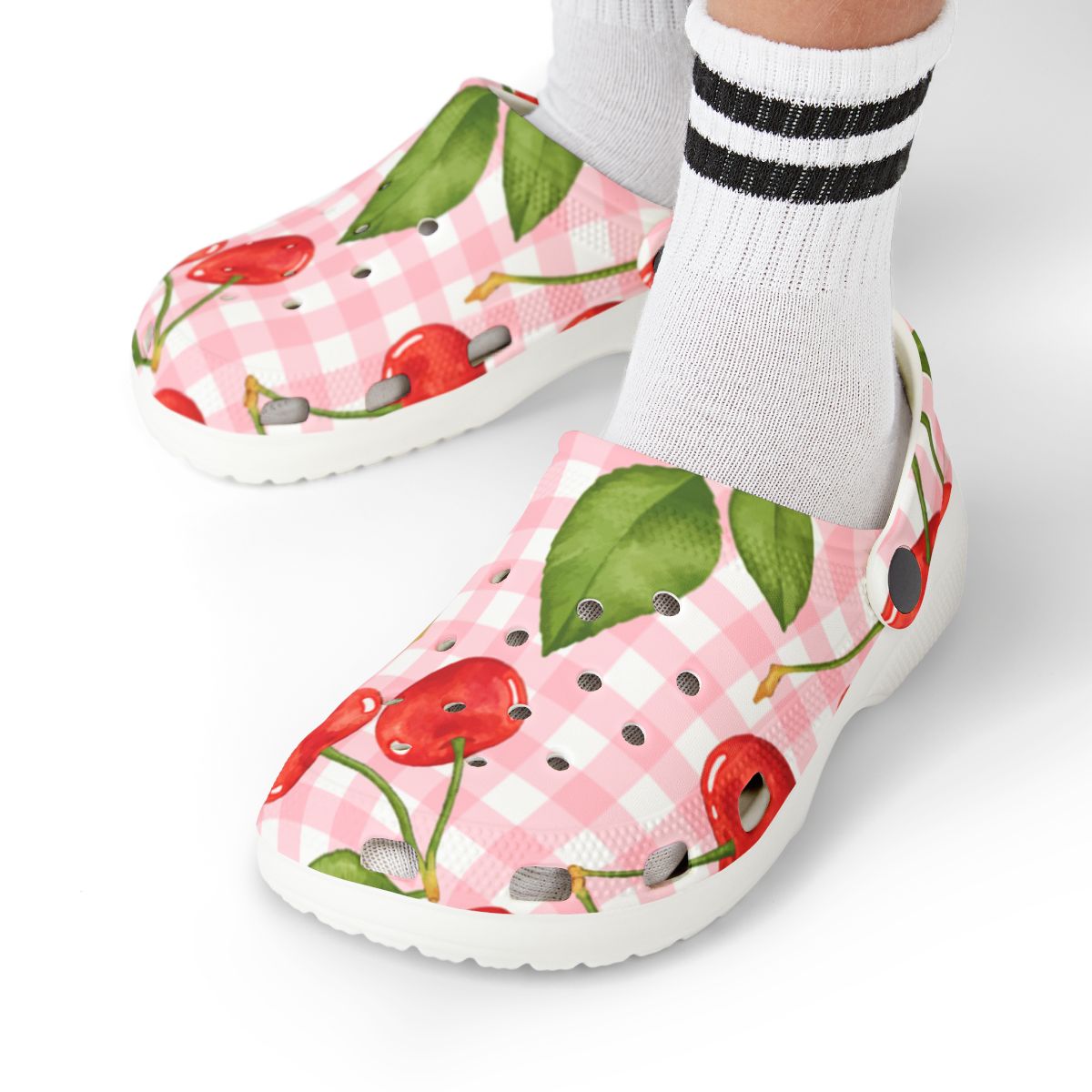 Cherry Gingham Garden Shoes for Adults & Kids – Lightweight EVA Slip-On Pink Picnic Sandals Water-Resistant Nurse Comfort & Walking