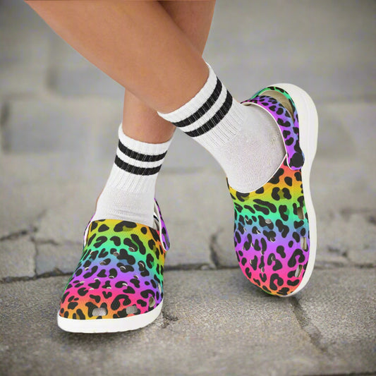 Colorful leopard print slip-on shoes with white socks on a white background