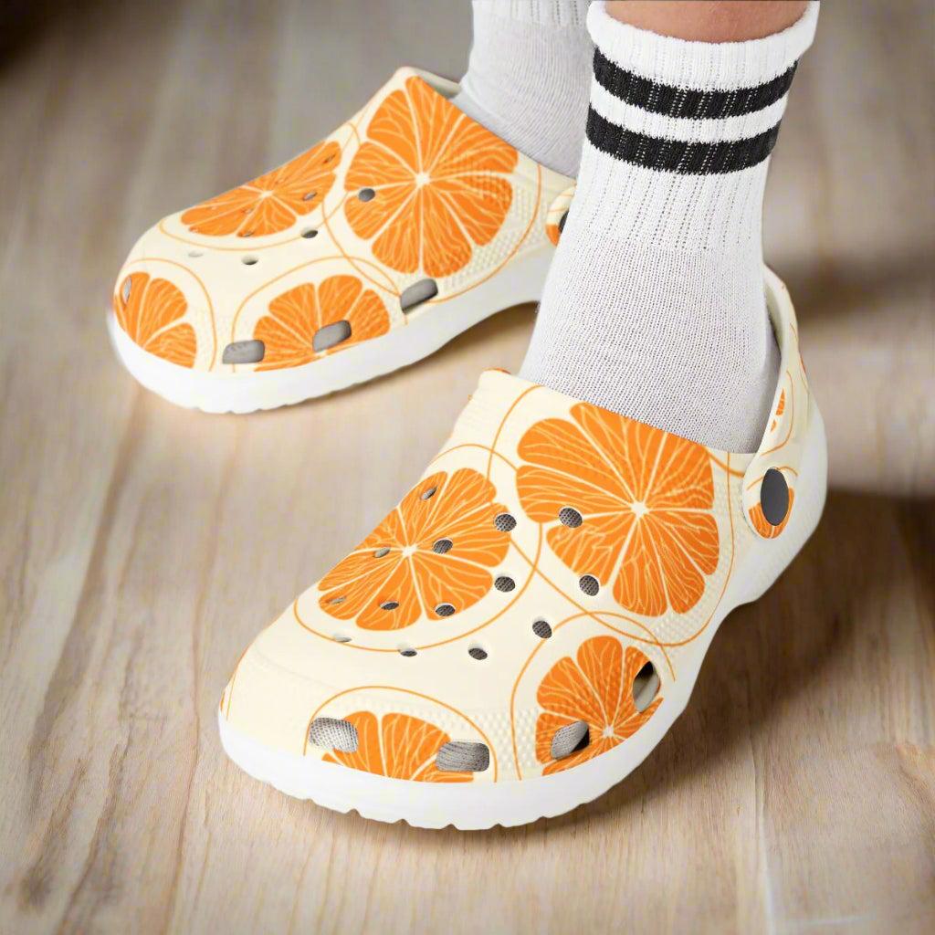 Orange Citrus Clogs – Lightweight EVA Garden Shoes – Fruit Print Slip-On Comfort Mules for Women, Nurses & Summer Style Lovers