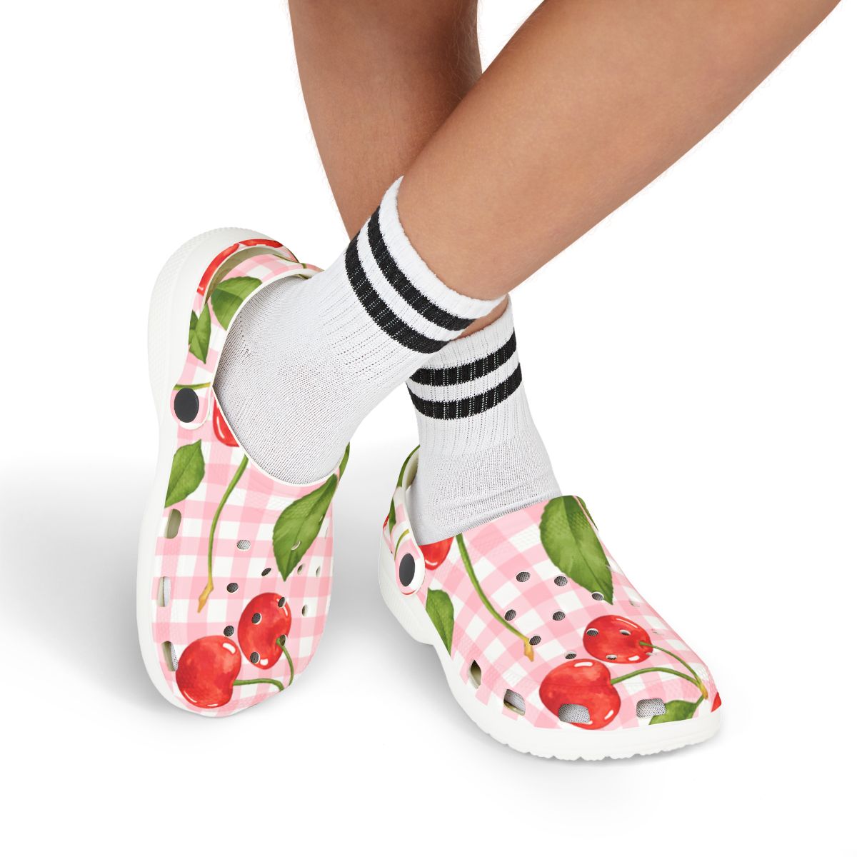 Cherry Gingham Garden Shoes for Adults & Kids – Lightweight EVA Slip-On Pink Picnic Sandals Water-Resistant Nurse Comfort & Walking