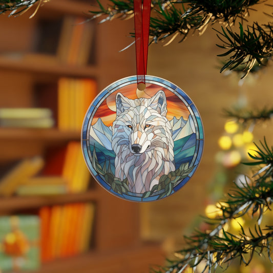 Stained Glass Style White Wolf Christmas Ornament