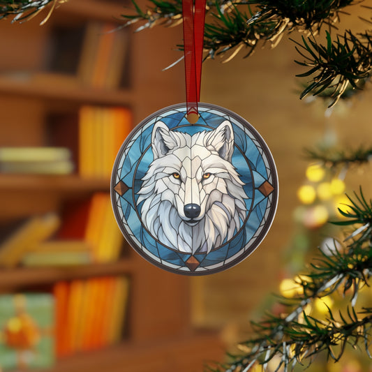 Stained Glass Style White Wolf Christmas Ornament