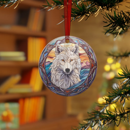 Stained Glass Style White Wolf Christmas Ornament