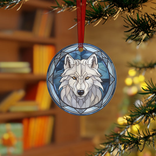 Stained Glass Style White Wolf Christmas Ornament