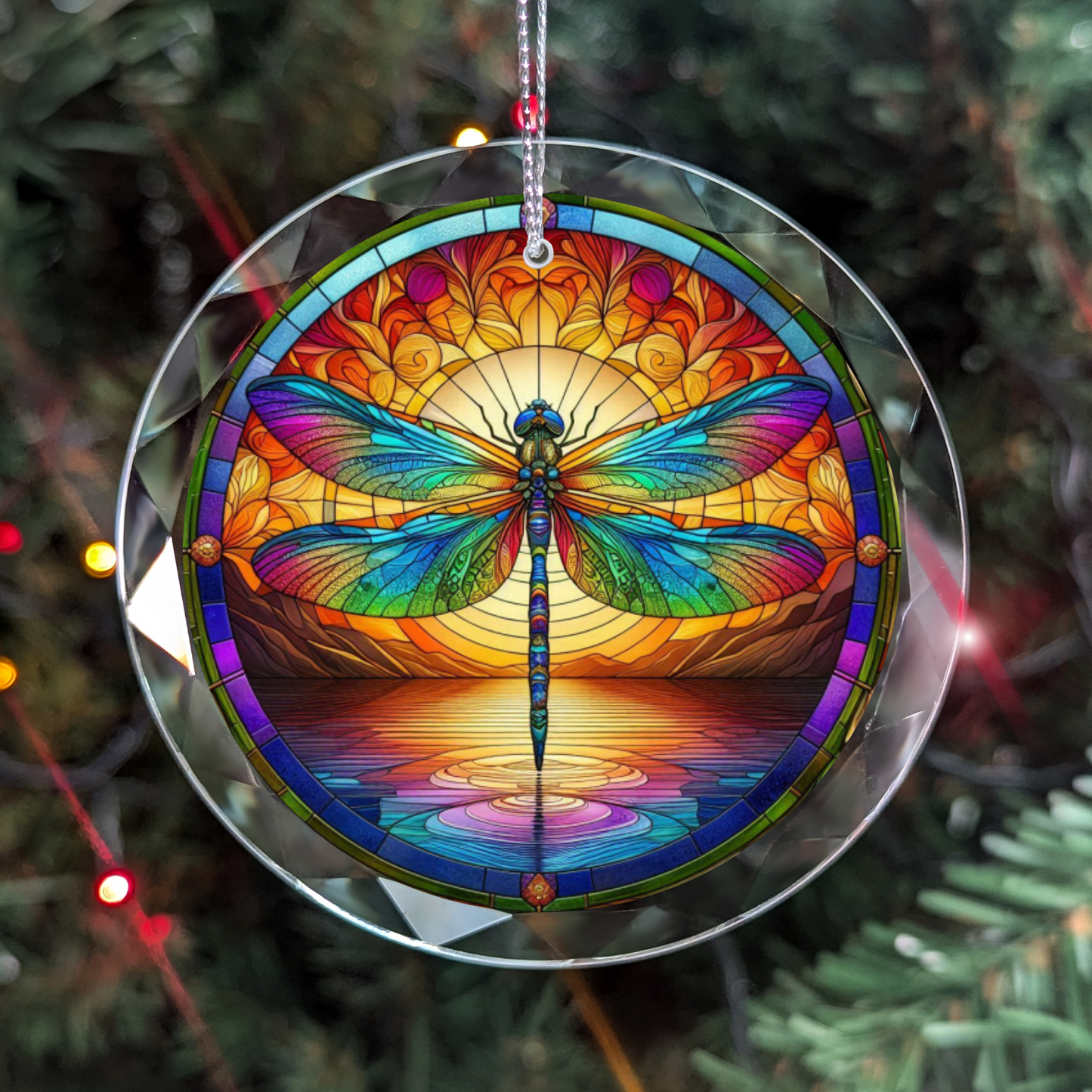 Stained Glass Style Dragonfly Suncatcher Ornament