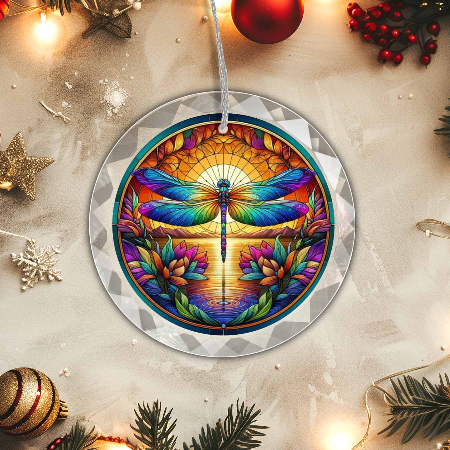 Faux Stained Glass Dragonfly Christmas Tree Ornament