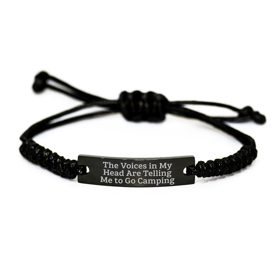 Funny Camping Gifts for Men from Friends - 'The Voices In My Head Are Telling Me To Go Camping' Rope Bracelet for Graduation - Image 1