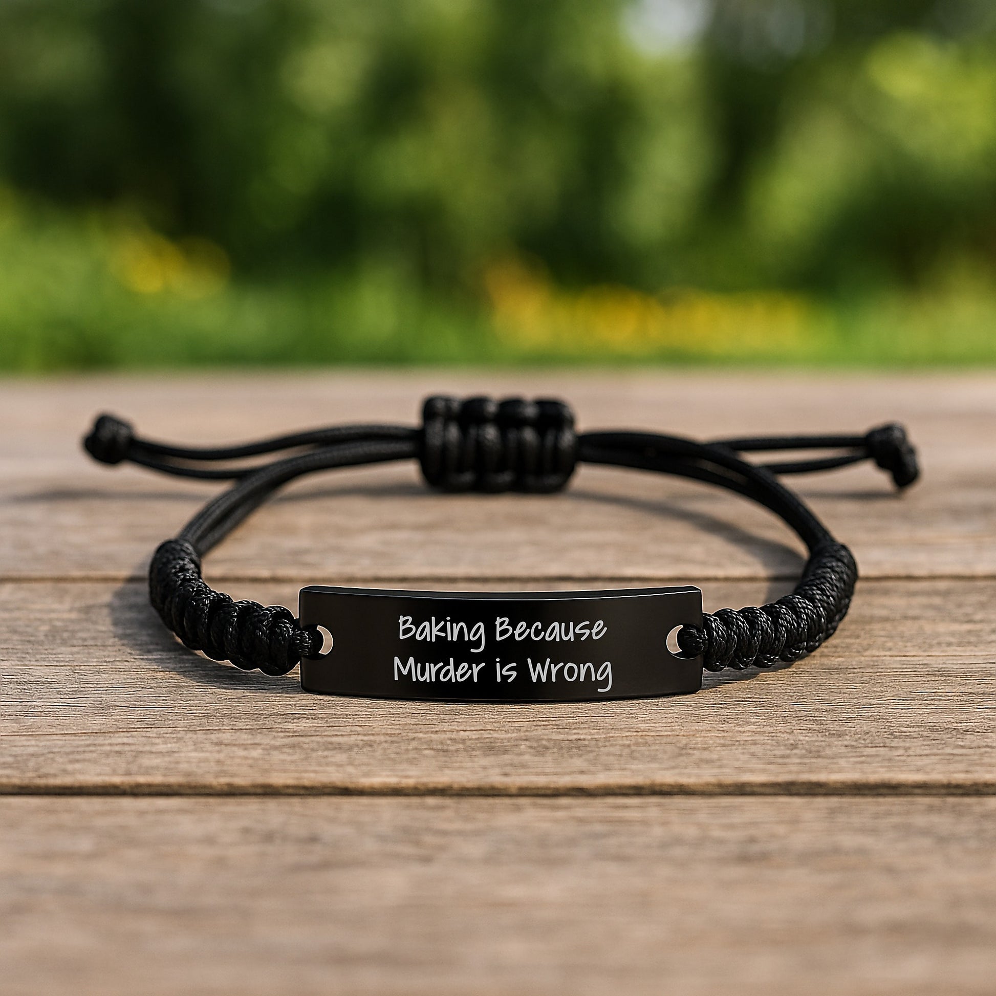 Baking Enthusiast Gifts from Men for Women's Birthday Unique Rope Jewelry, 'Baking Because Murder Is Wrong', Adjustable Black Stainless Steel Rope Bracelet with Organza Bag - Image 2