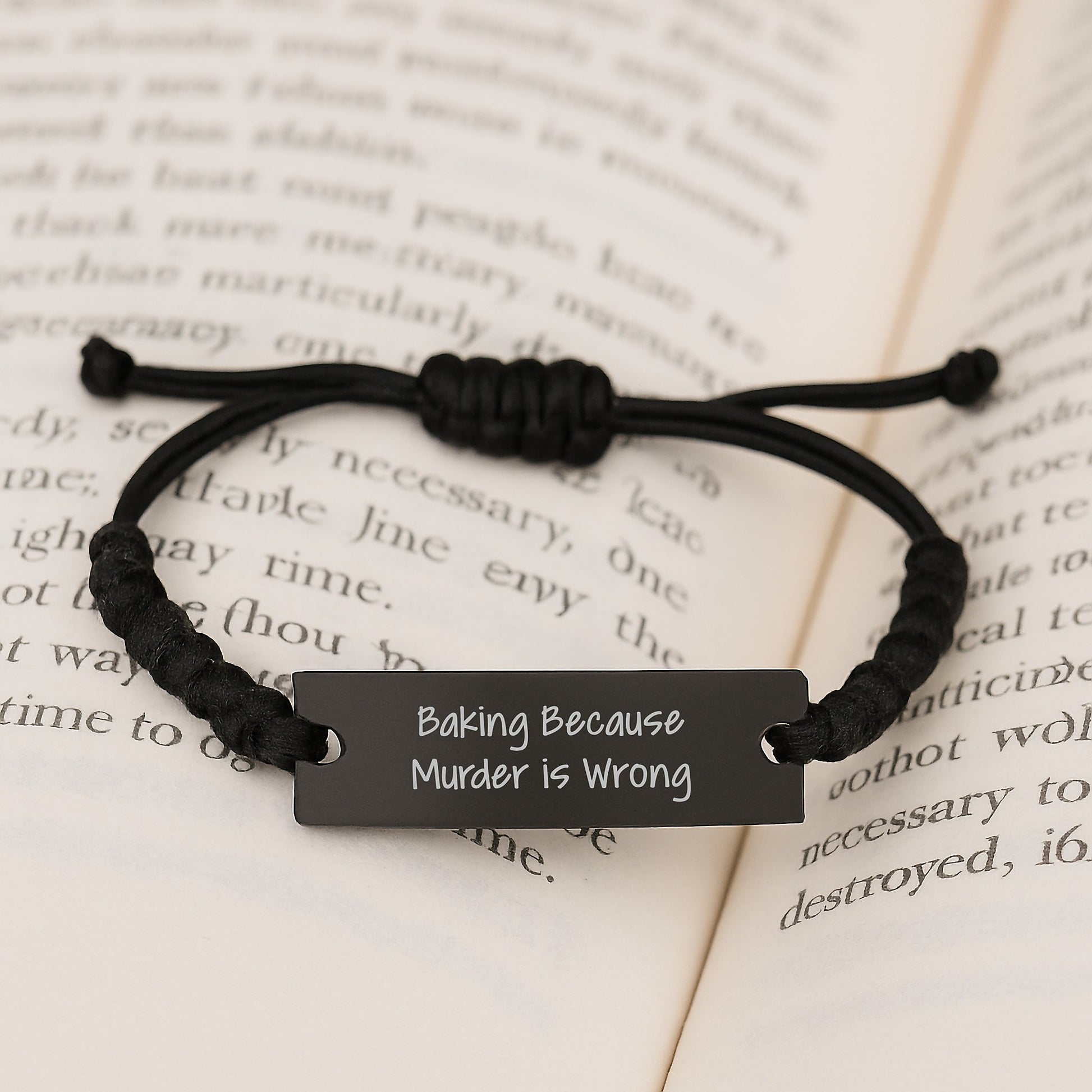 Baking Enthusiast Gifts from Men for Women's Birthday Unique Rope Jewelry, 'Baking Because Murder Is Wrong', Adjustable Black Stainless Steel Rope Bracelet with Organza Bag - Image 3