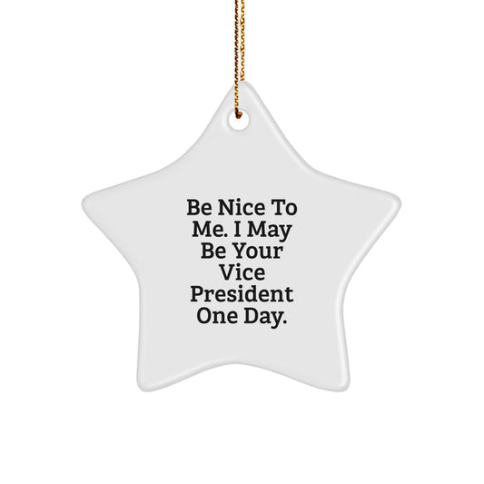 Funny Vice President Gifts for Men, 'Be Nice To Me' Star Ornament, White, 3.25" Tall, Christmas Unique Gifts from Friends - Image 1