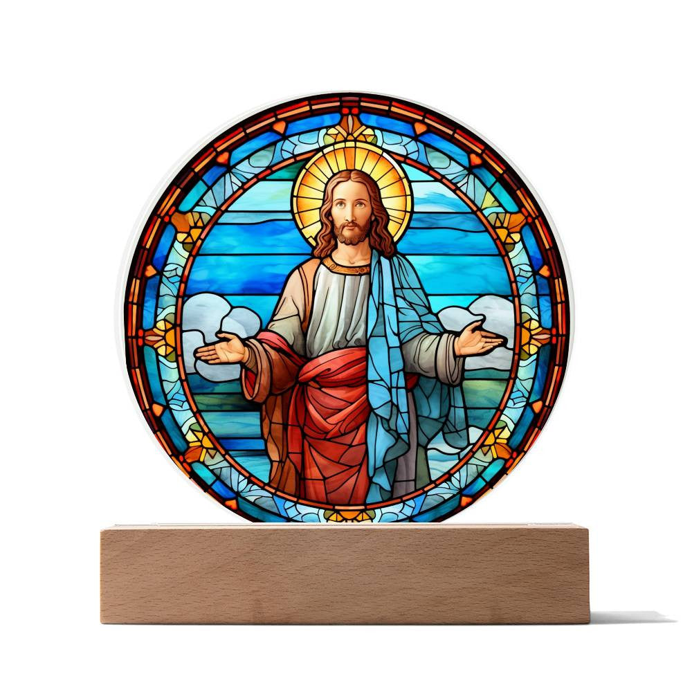 Jesus Statue Stained Glass Look Plaque