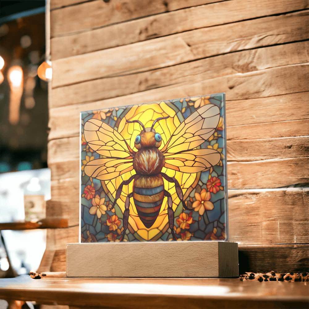 Honey Bee Stained Glass Style Acrylic Square Plaque