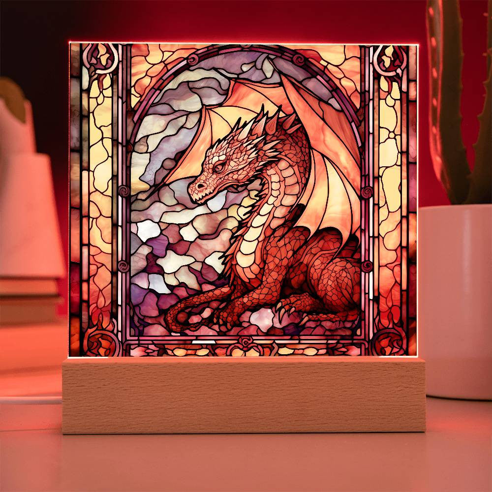 Stained Glass Mythical Dragon Plaque and LED Light