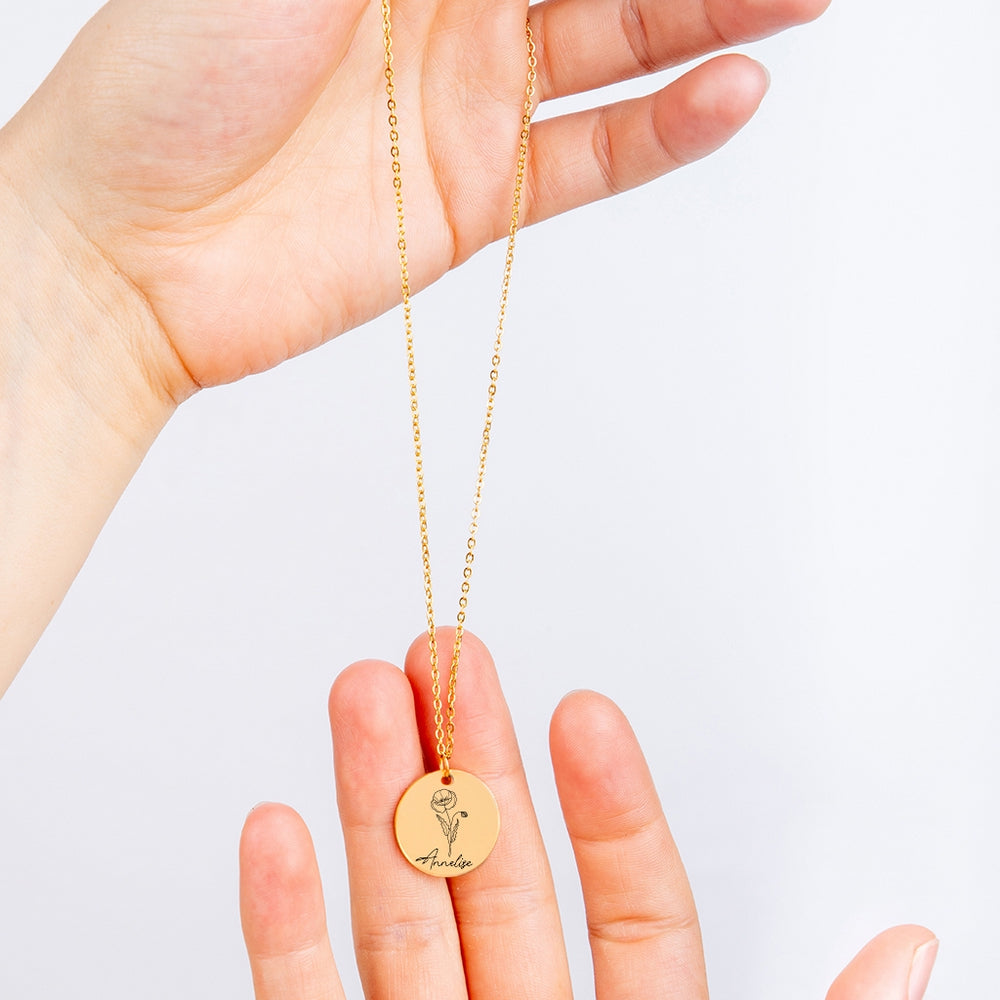 Name & Birth Flower Round Necklace