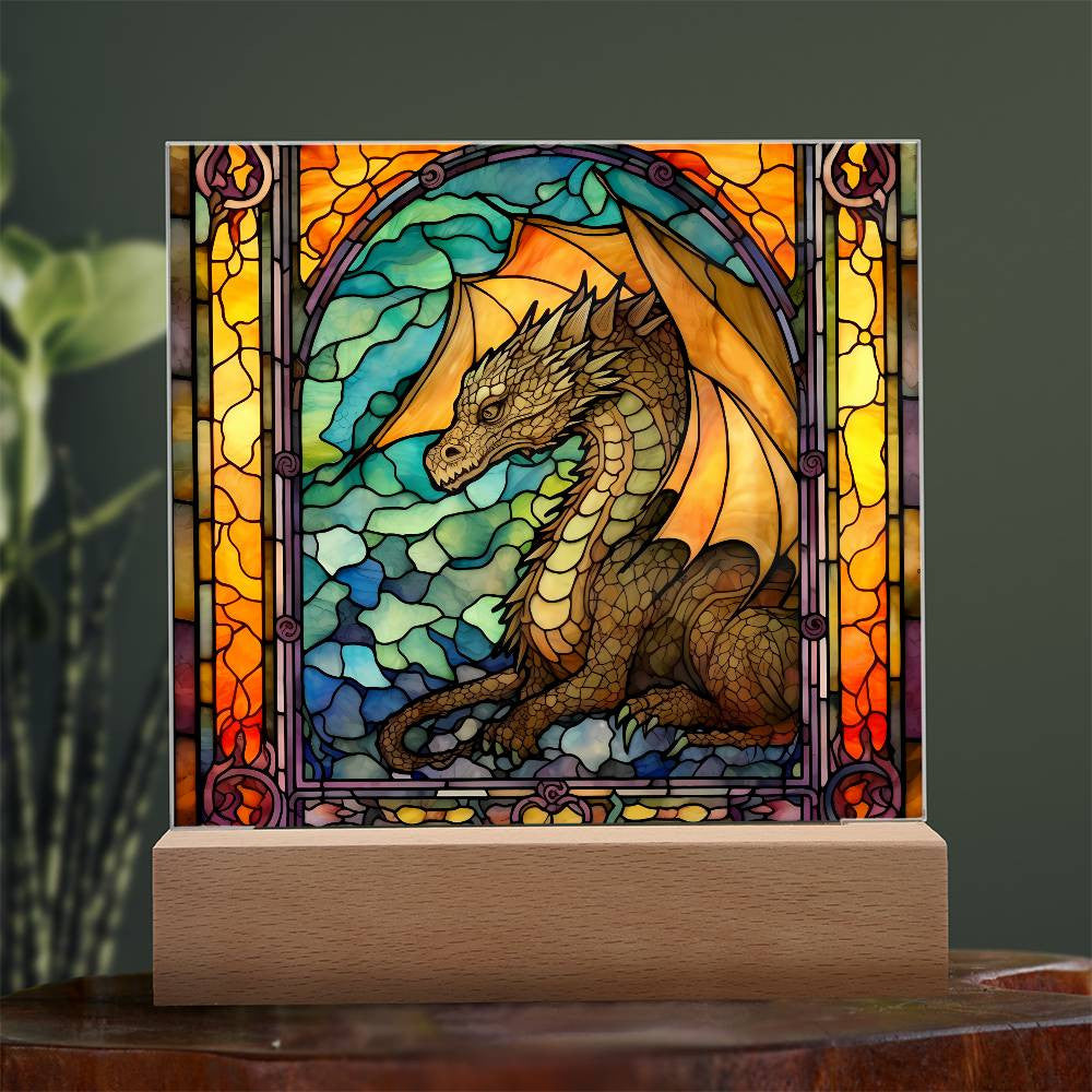 Stained Glass Mythical Dragon Plaque and LED Light