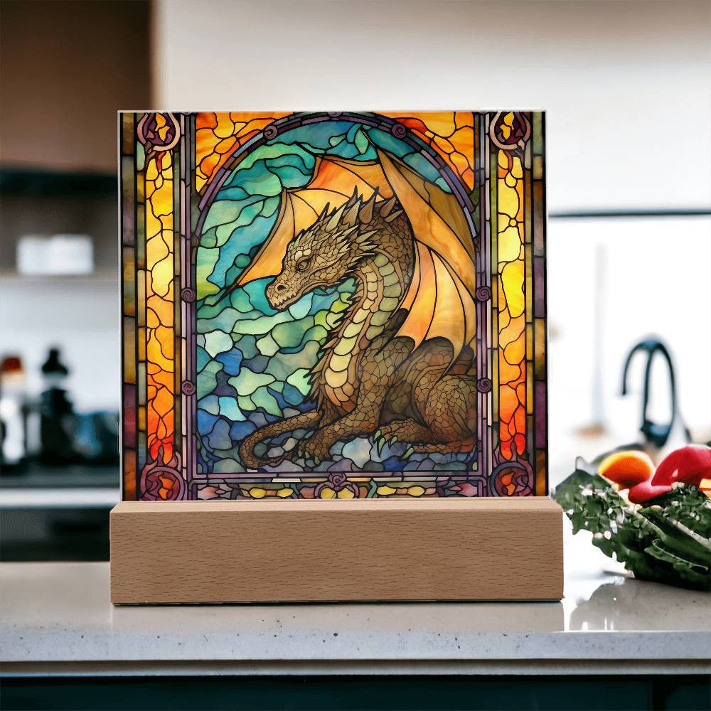 Stained Glass Mythical Dragon Plaque and LED Light