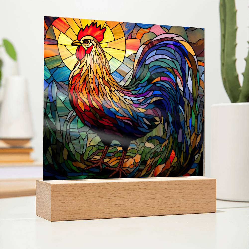 Rooster Stained Glass Style Acrylic Square Plaque