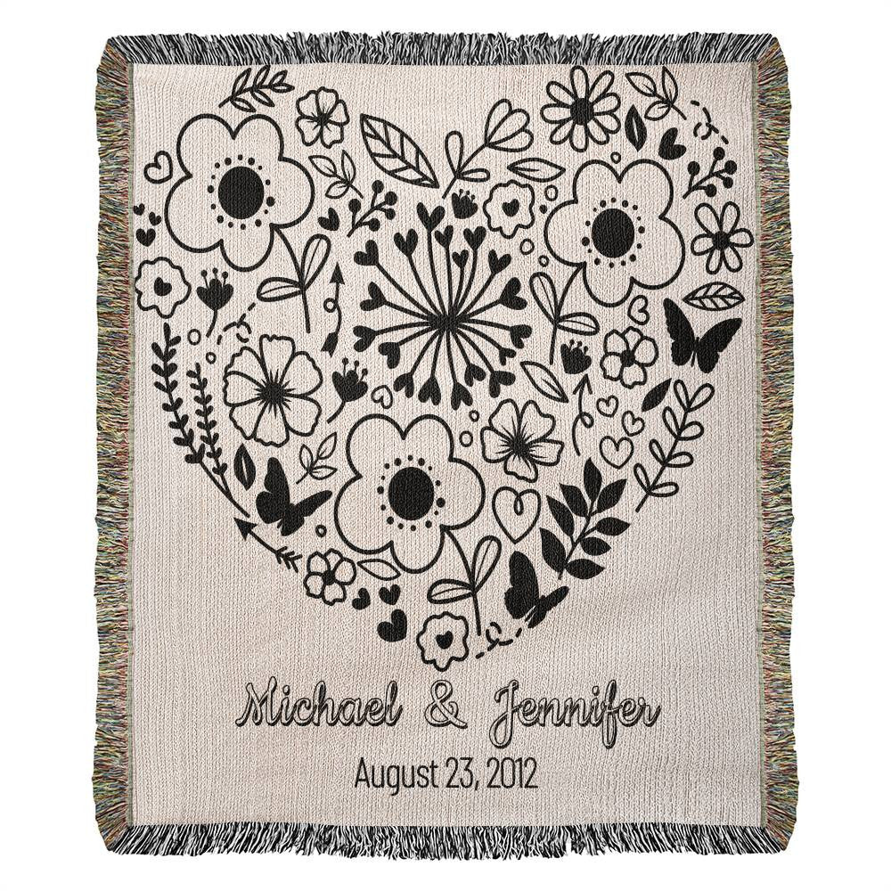 Personalized Floral Heart Heirloom Woven Blanket