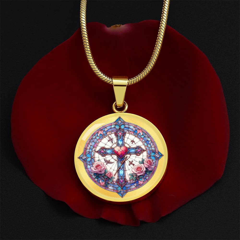 Stained Glass Look Sacred Heart Cross Necklace