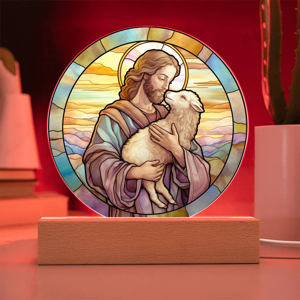 Jesus and His Sheep Stained Glass Style Plaque