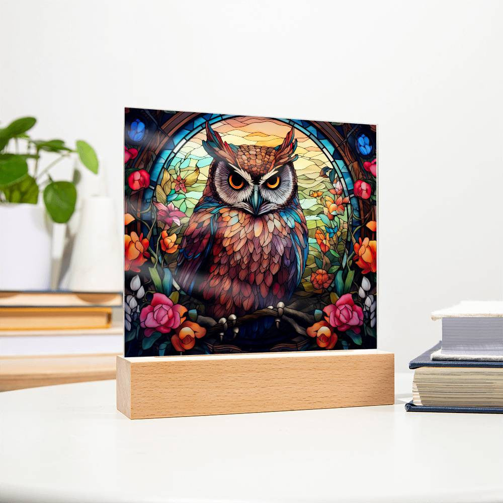 Owl Stained Glass Style Acrylic Square Plaque