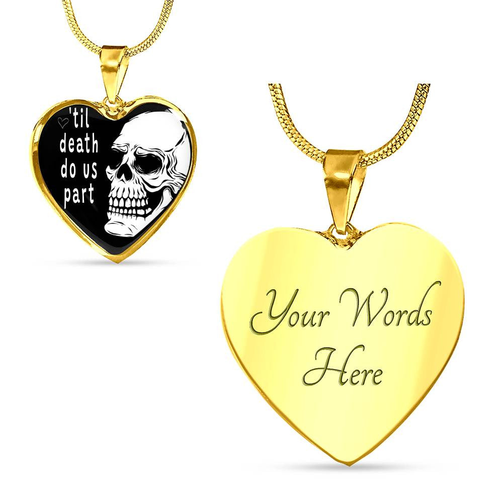 Couples Skull Heart with Names Engraved on Back of Pendant Necklace