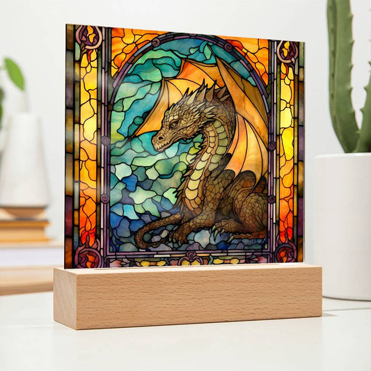 Stained Glass Mythical Dragon Plaque and LED Light